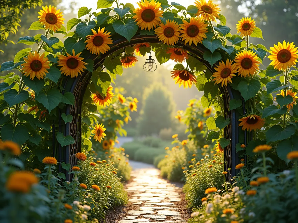 Enchanting Sunflower Tunnel Archway - A dreamy garden archway covered in blooming sunflowers, creating a natural tunnel effect. The curved metal trellis structure is completely adorned with tall sunflowers in full bloom, their large golden heads gently bending over the pathway. Dappled sunlight filters through the flowers, creating magical light patterns on the stone pathway below. The tunnel is 8 feet tall, with lush green foliage and multiple sunflower blooms ranging from bright yellow to deep orange. A natural garden setting surrounds the base with wildflowers, creating a romantic, cottage garden atmosphere. Photorealistic, golden hour lighting, depth of field.