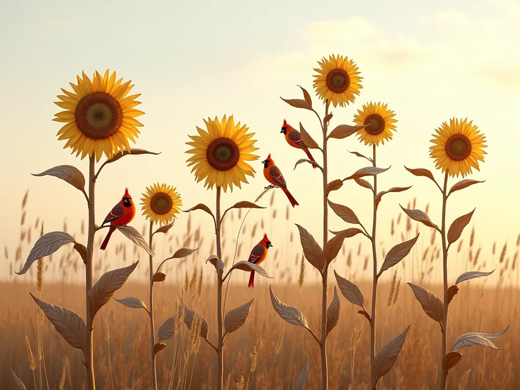 Natural Sunflower Wildlife Sanctuary - A tranquil garden scene featuring tall, dried sunflowers with large seed heads standing against a soft autumn sky. Several native birds, including cardinals and chickadees, perch on the sturdy stalks, feeding on the seeds. The sunflower heads are heavy with ripened seeds, some bending gently. Natural prairie grasses sway in the background during golden hour, creating a peaceful wildlife sanctuary atmosphere. Photorealistic style with warm, natural lighting.