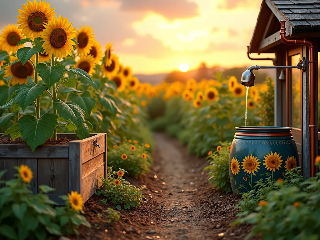 Sustainable Sunflower Garden Ecosystem - A serene photorealistic garden landscape showing towering sunflowers in full bloom against a warm sunset sky. In the foreground, a naturally organized garden space features a rustic wooden composting bin overflowing with healthy soil, and a decorative rain barrel painted with sunflowers collecting water from a copper gutter. Scattered throughout are companion plants and beneficial insects. A wooden seed-drying rack displays harvested sunflower heads, while natural mulch pathways wind through the garden. The lighting is warm and golden, creating a dreamy, sustainable paradise atmosphere. Artistic documentary photography style with soft natural lighting.