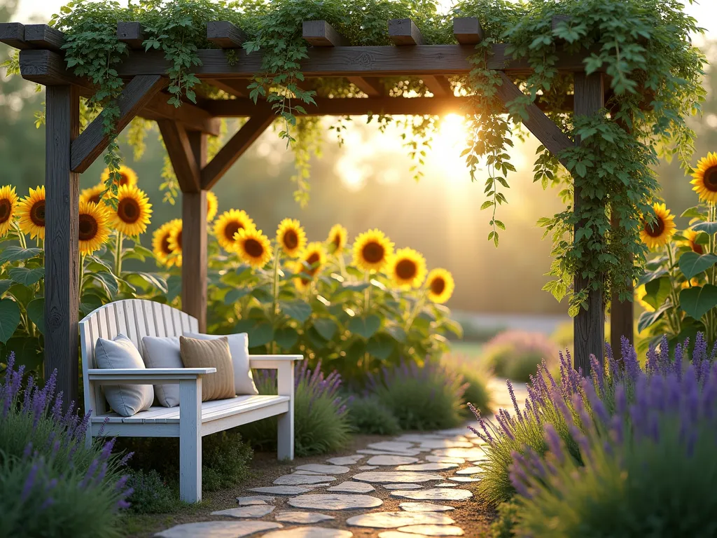 Tranquil Sunflower Therapy Garden - A serene therapeutic garden at golden hour, featuring tall golden sunflowers gently swaying in the breeze. In the foreground, a cozy white wooden bench with plush cushions sits beneath an aged wooden pergola draped with climbing vines. Patches of purple lavender and mixed herbs create a sensory border around the seating area. Soft, natural lighting filters through the sunflower stalks, creating dappled shadows on a natural stone pathway. The garden has a dreamy, peaceful atmosphere with a cottage core aesthetic. Photorealistic, 4K, detailed garden photography style.