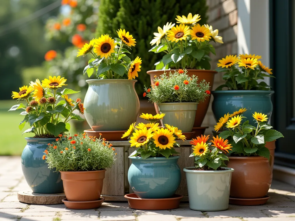 Tiered Container Sunflower Garden Display - A charming tiered arrangement of decorative containers on a sunny patio, featuring blooming dwarf sunflowers. Multiple ceramic pots in complementary blues, terracottas, and sage greens are arranged at different heights using rustic wooden stands. Cheerful 'Teddy Bear' sunflowers with their fluffy golden blooms and compact 'Sunspot' varieties create a stunning vertical garden display. Soft afternoon sunlight casts gentle shadows across the scene, while some flowers turn their faces toward the sun. The containers vary in size from large bottom pots to smaller top vessels, creating a natural cascade effect. Photorealistic style, soft natural lighting, high detail, f/5.6 aperture.