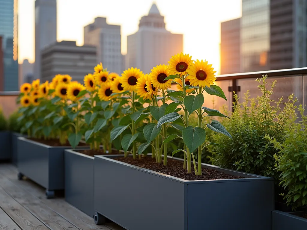 Modern Rooftop Sunflower Sanctuary - A modern urban rooftop garden at golden hour, featuring clusters of dwarf sunflowers in sleek contemporary planters. The sunflowers are supported by discreet metal stakes, with Manhattan-style skyscrapers visible in the soft-focused background. The well-organized container garden includes various heights of sunflowers, with 'SunFill Short' and 'Teddy Bear' varieties arranged in geometric patterns. Wooden decking beneath the containers, and modern drainage systems visible. Wind barriers of frosted glass provide protection while maintaining the aesthetic. The scene is captured with warm, natural lighting, highlighting the cheerful yellow blooms against the urban backdrop.