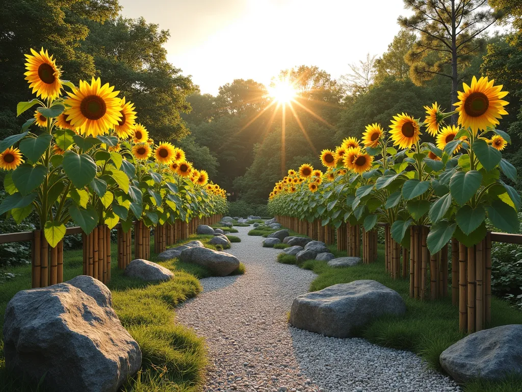 Zen Sunflower Japanese Garden - A serene Japanese garden landscape with tall sunflowers thoughtfully arranged in geometric patterns, photographed during golden hour. Traditional bamboo supports elegantly guide the sunflowers, while a meandering gravel path leads through the scene. Large weathered rocks and boulders are artistically placed throughout. The garden features clean lines and mindful spacing in traditional Japanese style, with raked gravel patterns. The composition creates a perfect balance between the dramatic height of the sunflowers and zen-like minimalism, rendered in a photorealistic style with soft, warm lighting.