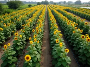 Aerial Cutting Garden Layout - Drone perspective of a professional cutting garden with parallel rows of sunflowers at different growth stages, irrigation system visible, and geometric path layout, architectural photography style