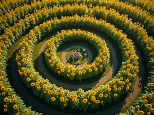 Aerial Sunflower Amphitheater - Drone view of circular sunflower garden with concentric rings of increasing height, showing clear height progression from center outward, people walking paths for scale, morning shadows