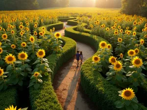 Aerial View Sunflower Maze Pattern - Drone perspective of a winding sunflower maze with Autumn Beauty sunflowers creating distinct pathways, showing children walking through the paths, soft morning light, architectural garden design