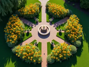 Aerial Sunflower Wildlife Haven - Drone view of a circular sunflower garden design with radiating paths, featuring different height varieties, central seating area, and multiple bird baths, morning light casting long shadows