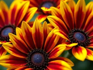 Bicolor Sunflower Close-up - Macro photograph of three striking bicolor sunflower blooms featuring red petals with yellow tips, showing intricate detail of the flower centers and petal patterns, artistic botanical style