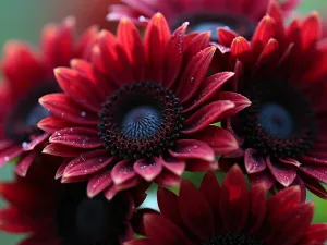 Burgundy Sunflower Collection - Close-up view of multiple burgundy sunflower varieties clustered together, showing different sizes and depth of color, with morning dew drops glistening on the petals, photorealistic style