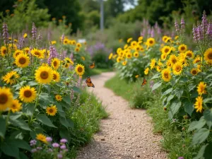 Butterfly Haven Path - Winding garden path through ProCut sunflowers and butterfly-friendly companions, with multiple butterflies visible, cottage garden style