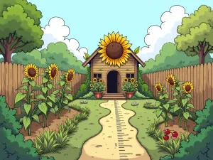 Children's Sunflower Garden - Eye-level view of a planned children's garden with a sunflower house structure and measuring stick for height tracking, whimsical style