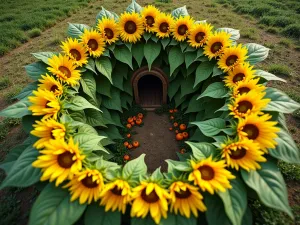 Children's Sunflower House - Eye-level view of a circular formation of giant sunflowers creating a natural playhouse, with a small entrance arch and climbing vegetables inside, whimsical style