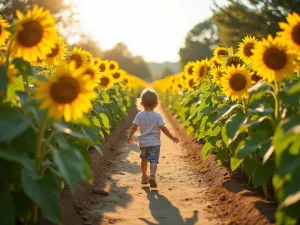 Children's Sunflower Adventure - Child-height perspective of walking path through sunflower garden, showing variety heights from child's eye level, interactive height markers visible, warm afternoon light