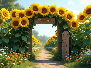 Children's Sunflower Maze Entrance - A whimsical garden entrance formed by tall American Giant sunflowers creating an archway, with a rustic wooden welcome sign and child-height measuring stick, photorealistic style