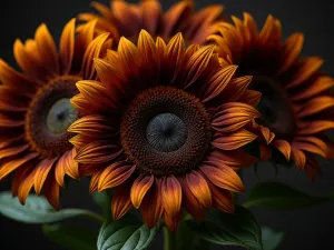 Chocolate Sunflower Focus - Artistic close-up of deep chocolate brown sunflowers with their rich centers and velvet-like petals, showing the intricate spiral pattern of the seed head, studio lighting quality