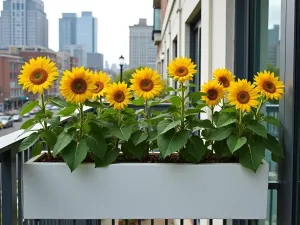 Compact Balcony Sunflower Haven - Small urban balcony transformed with a vertical arrangement of 'Big Smile' dwarf sunflowers in white modern planters, city skyline background