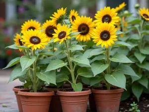 Container Sunflower Layout - Close-up of various sized containers arranged on a patio, showing dwarf sunflower varieties at different growth stages