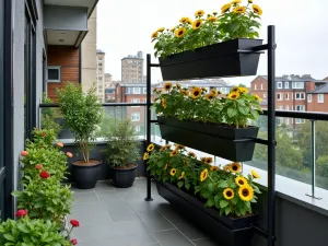 Contemporary Sunflower Wall System - Modern vertical gardening system with sleek black metal frames supporting three tiers of dwarf 'Pacino Gold' sunflowers, contemporary urban balcony setting