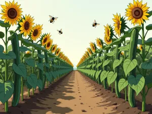 Cucumber Sunflower Companion Garden - Eye-level view of cucumber trellises placed between rows of tall sunflowers, showing the beneficial companion planting relationship, with bees visiting flowers, botanical illustration style