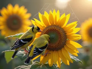 Dawn Wildlife Activity - Early morning scene capturing goldfinches feeding on Vanilla Ice sunflower heads, with dew-covered spider webs visible, misty atmospheric lighting