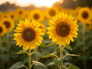 Dwarf Sunflower Border - Close-up of dwarf sunflower varieties in the front row, showing Suntastic Yellow and Sunspot varieties at 2-3 feet tall, with taller varieties blurred in background, rich morning light