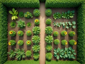 Edible Garden Grid - Aerial view of a geometric garden layout with alternating squares of sunflowers and vegetables, showing clear pathways and organized planting zones, modern minimalist style