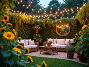 Evening Garden Gathering - Wide shot of a garden seating area surrounded by pale yellow 'Valentine' sunflowers, string lights overhead, and illuminated garden mirrors