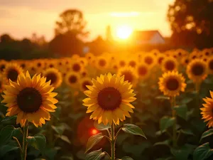 Evening Garden Glow - Magical golden hour photograph of sunflower rows with backlighting, showing branching varieties and companion flowers in warm evening light, artistic garden photography