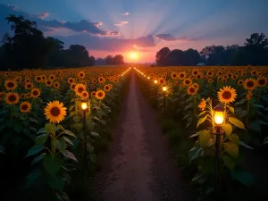 Evening Maze Illumination - Wide-angle twilight shot of the maze paths lined with Evening Sun sunflowers, solar lights marking the way, creating a magical atmosphere