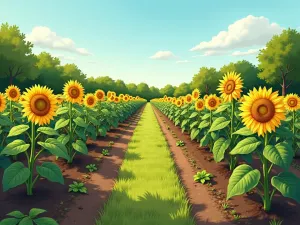 Four-Season Sunflower Planning - Wide angle view of a garden showing different stages of sunflower growth and harvest throughout the seasons in separate beds, educational illustration style