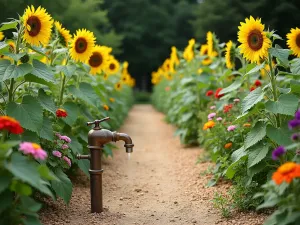 Garden Path Perspective - Looking down a wide, mulched garden path flanked by tall branching sunflowers and colorful zinnias, with a vintage water spigot visible in the foreground, cottage garden style