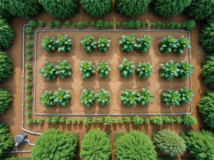 Garden Planning Layout - Bird's eye view of a newly laid out cutting garden with string lines, marked rows, irrigation pipes, and newly planted sunflower sections, architectural garden photography