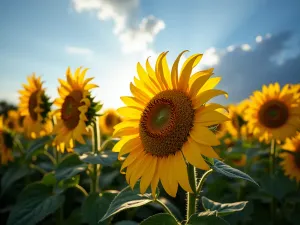 Giant Sunflower Backdrop - Looking up at towering 12-foot Mammoth Russian sunflowers in back row, dramatic perspective against blue sky, golden flowers catching evening light