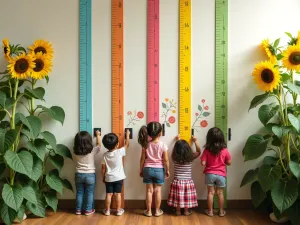 Growth Tracking Station - Wide-angle view of a colorful measuring wall with height markers, surrounded by Russian Mammoth sunflowers at various growth stages, children marking plant heights on chalkboards