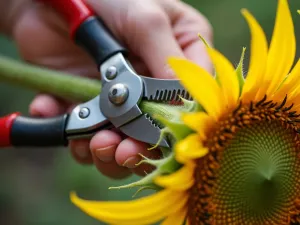 Harvest Time Close-up - Close-up detail of hands using garden shears to cut a perfect branching sunflower stem, with a collection basket and morning dew visible, macro photography style