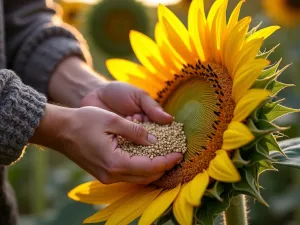 Harvesting Sunflower Seeds - Close-up view of hands carefully harvesting seeds from a large, mature Mammoth sunflower head, with drying racks visible in the background, warm afternoon lighting, cottage core style