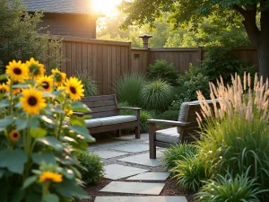 Hidden Wildlife Viewing Nook - Intimate garden seating area partially concealed by Evening Sun sunflowers and ornamental grasses, with clear viewing angles to bird feeding stations