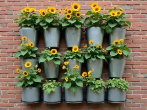 Industrial Chic Sunflower Display - Industrial-style vertical garden with galvanized steel containers hosting 'Junior' sunflowers, arranged in a geometric grid pattern against a brick wall