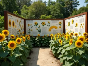 Interactive Learning Corner - Corner view of a maze intersection with educational panels about sunflower types, surrounded by Moulin Rouge sunflowers, featuring child-height microscopes