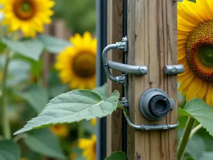 Living Wall Construction Detail - Technical close-up showing the construction and support system of a vertical sunflower garden, featuring 'Sonja' sunflowers and visible irrigation components