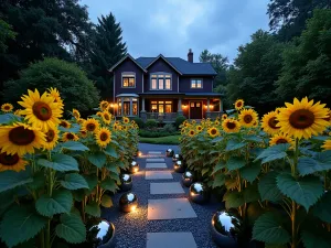 Luminous Garden Wide - Wide-angle twilight view of a terraced garden with pale 'Lemon Queen' sunflowers, featuring chrome spheres and LED ground lighting creating a magical atmosphere