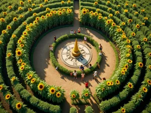 Maze Center Celebration - Aerial view of the maze's central circular space surrounded by Italian White sunflowers, featuring a sundial and celebration banners, children gathered around