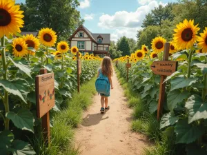 Maze Path Perspective - Child's eye view down a winding path lined with ProCut sunflowers, featuring wooden direction signs and butterfly identification charts, cottage garden style