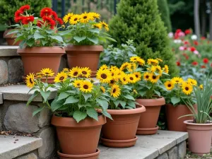 Mediterranean Sunflower Terrace - Terraced garden with terra cotta containers featuring 'Bambino' sunflowers, arranged in Mediterranean style with visible support structure