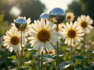 Metallic Garden Art - Close-up of silver wind sculptures among cream-colored 'Russian Mammoth White' sunflowers, backlit by garden spots creating dramatic shadows