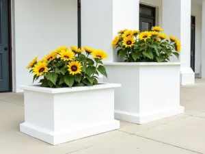 Minimalist Sunflower Wall - Clean, minimalist design of white stepped planters with 'Little Leo' sunflowers creating a striking yellow against white architectural elements