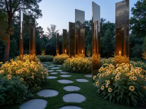 Mirror Garden Installation - Modern garden installation with tall mirrored pillars reflecting pale 'Buttercream' sunflowers at dusk, strategic lighting creating multiple reflections