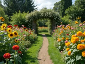 Mixed Bouquet Garden - Wide view of a cutting garden showing sunflowers, cosmos, and zinnias in complementary colors, with paths and a rustic arch entrance, romantic garden style