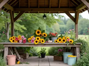 Mixed Flower Sorting Station - A charming covered wooden pavilion sorting station with freshly cut sunflowers, zinnias, and cosmos laid out on a rustic wooden table, garden tools, and buckets of water, cottagecore style