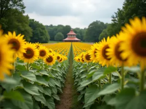 Mixed Height Garden Design - Eye-level view of a beautifully planned sunflower garden featuring various heights, from dwarf varieties in front to mammoth varieties in back, creating a natural stadium effect